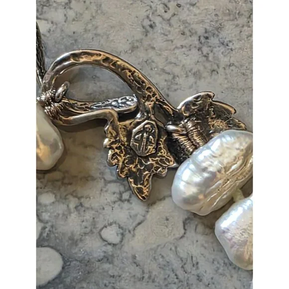 Biwa Pearl Necklace Sterling Silver Leaf & Vine Toggle Clasp 18" - Picture 11 of 12